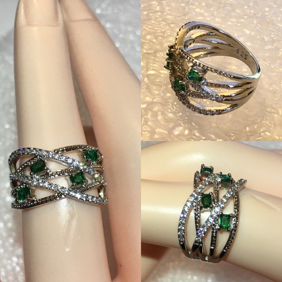 Emerald Quartz Paved Wavy Spilt Art Deco Band Ring - Picture 4 of 5
